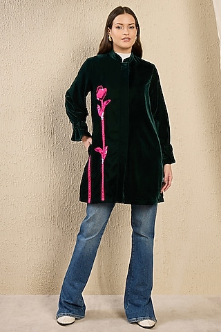 Emerald Green Micro Velvet Hand Embroidered Jacket by First Resort by Ramola Bachchan