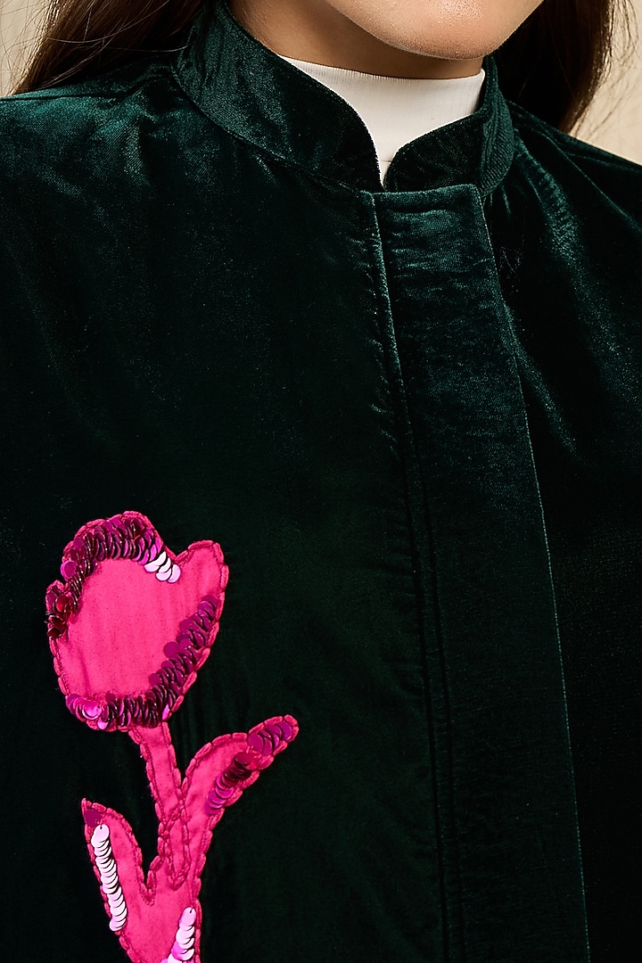 Emerald Green Micro Velvet Hand Embroidered Jacket by First Resort by Ramola Bachchan at Pernia's Pop Up Shop