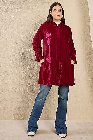 Maroon Micro Velvet Hand Embroidered Jacket by First Resort by Ramola Bachchan