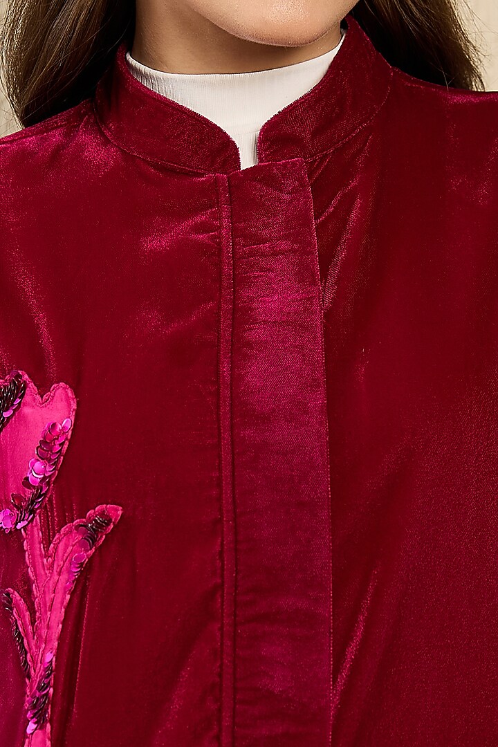 Maroon Micro Velvet Hand Embroidered Jacket by First Resort by Ramola Bachchan at Pernia's Pop Up Shop