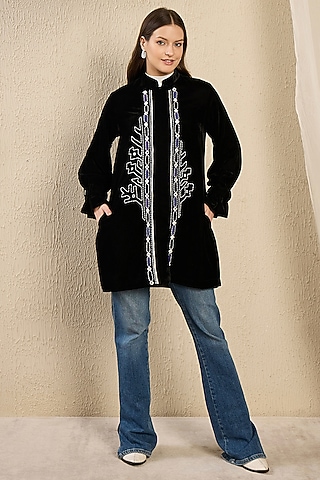 Black Micro Velvet Hand Embroidered Jacket by First Resort by Ramola Bachchan