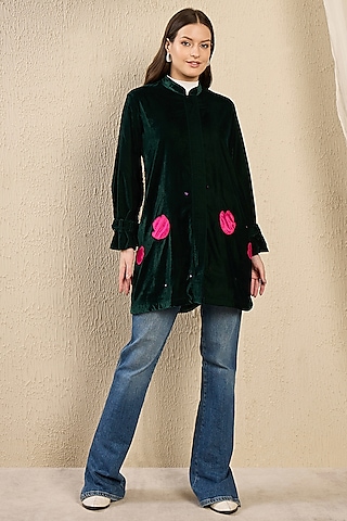 Emerald Green Micro Velvet Floral Hand Embroidered Jacket by First Resort by Ramola Bachchan