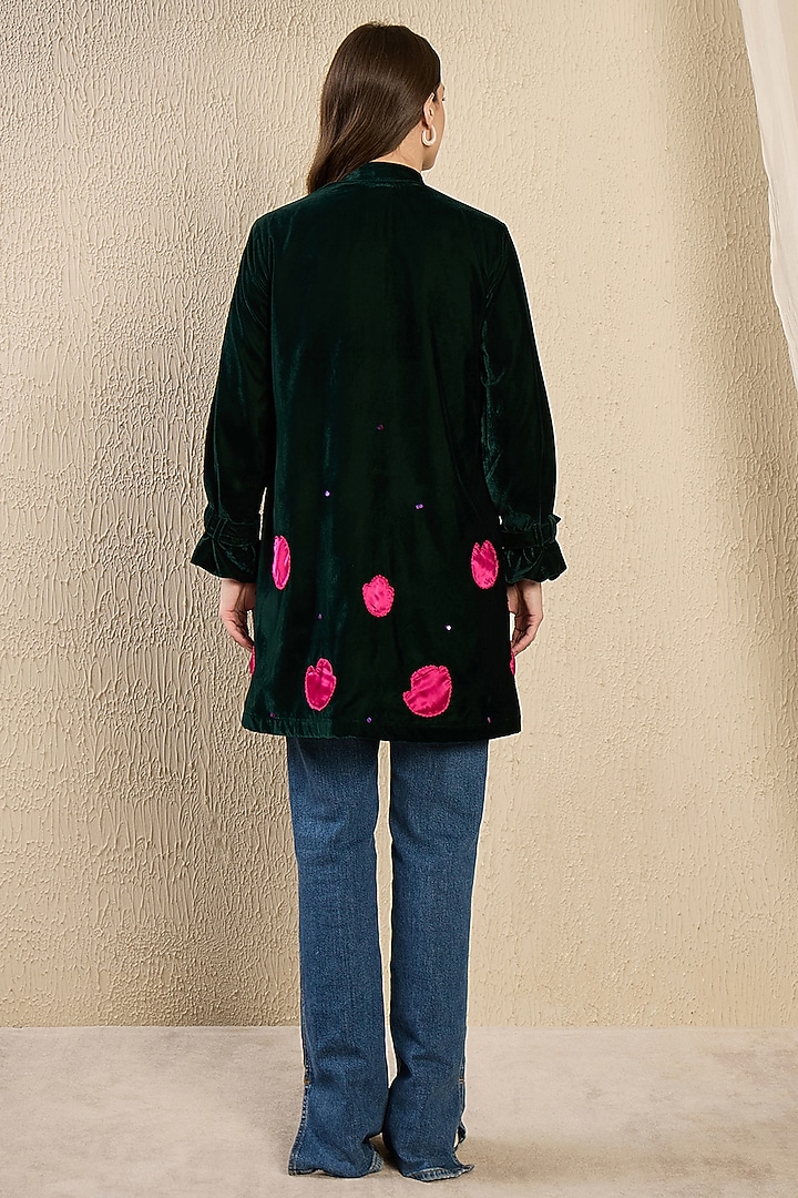 Emerald Green Micro Velvet Floral Hand Embroidered Jacket by First Resort by Ramola Bachchan at Pernia's Pop Up Shop