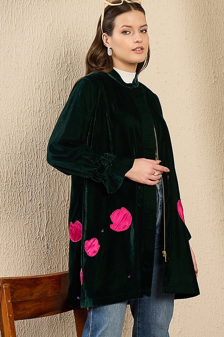 Emerald Green Micro Velvet Floral Hand Embroidered Jacket by First Resort by Ramola Bachchan at Pernia's Pop Up Shop