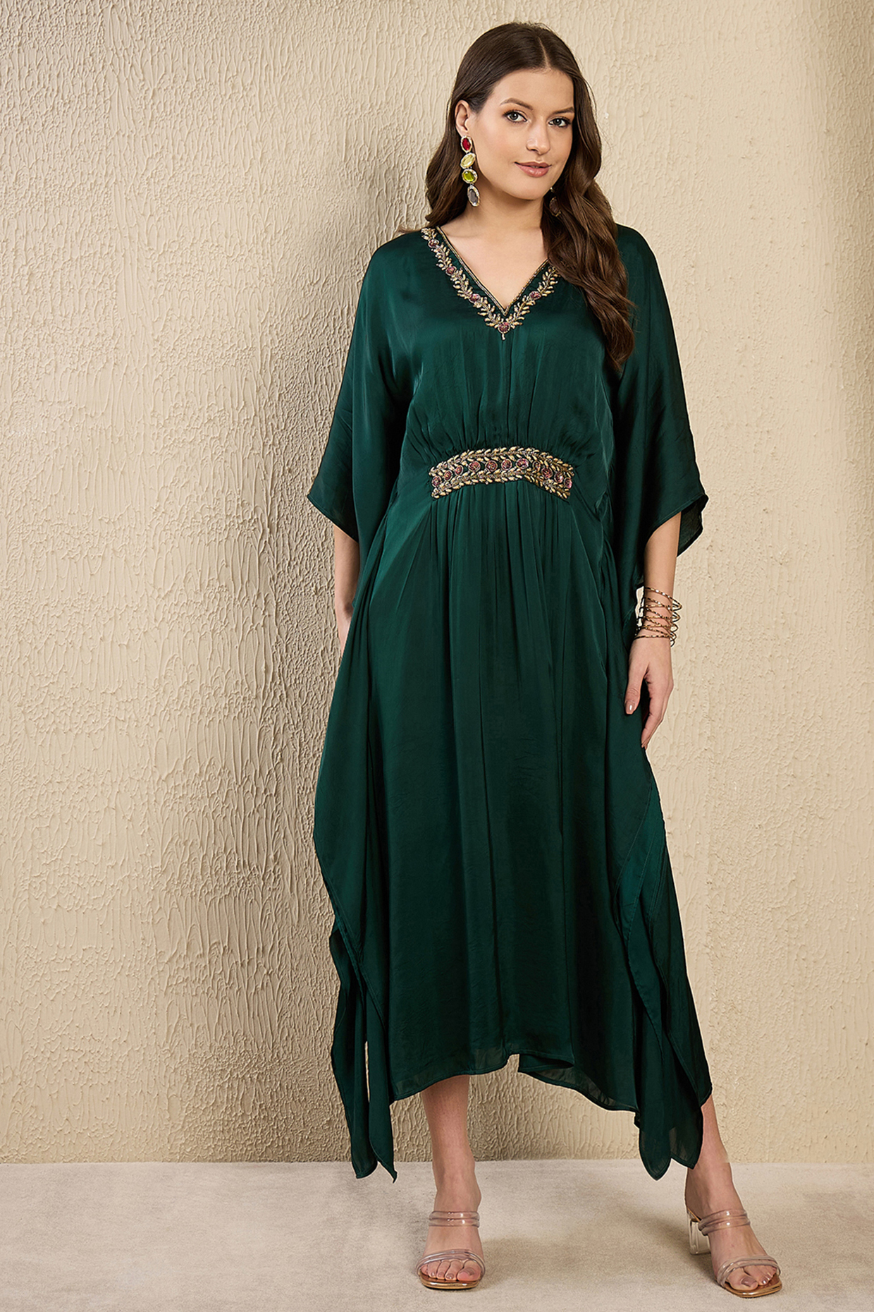 Emerald Green Viscose Satin Georgette Hand Embroidered Kaftan by First Resort by Ramola Bachchan at Pernia's Pop Up Shop