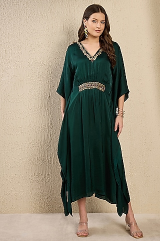Emerald Green Viscose Satin Georgette Hand Embroidered Kaftan by First Resort by Ramola Bachchan