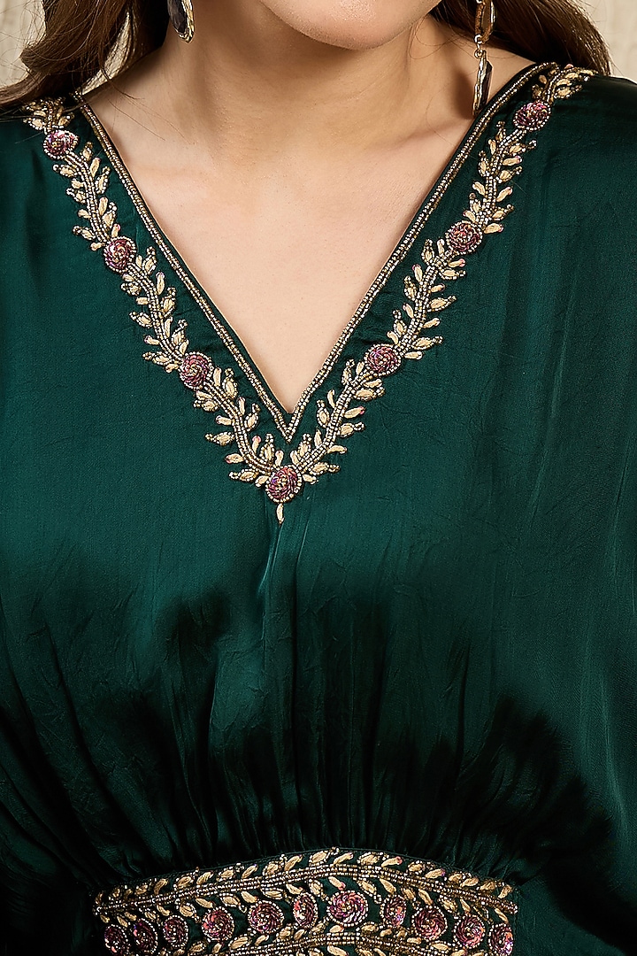 Emerald Green Viscose Satin Georgette Hand Embroidered Kaftan by First Resort by Ramola Bachchan at Pernia's Pop Up Shop