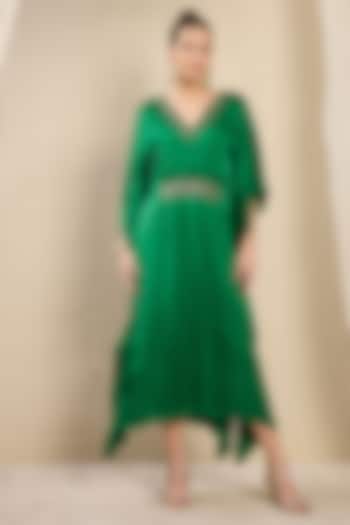 Emerald Green Viscose Satin Georgette Hand Embroidered Kaftan by First Resort by Ramola Bachchan at Pernia's Pop Up Shop