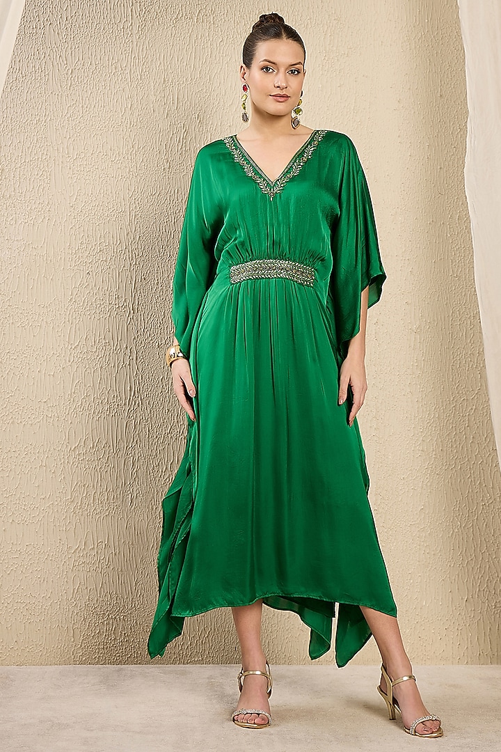 Emerald Green Viscose Satin Georgette Hand Embroidered Kaftan by First Resort by Ramola Bachchan at Pernia's Pop Up Shop