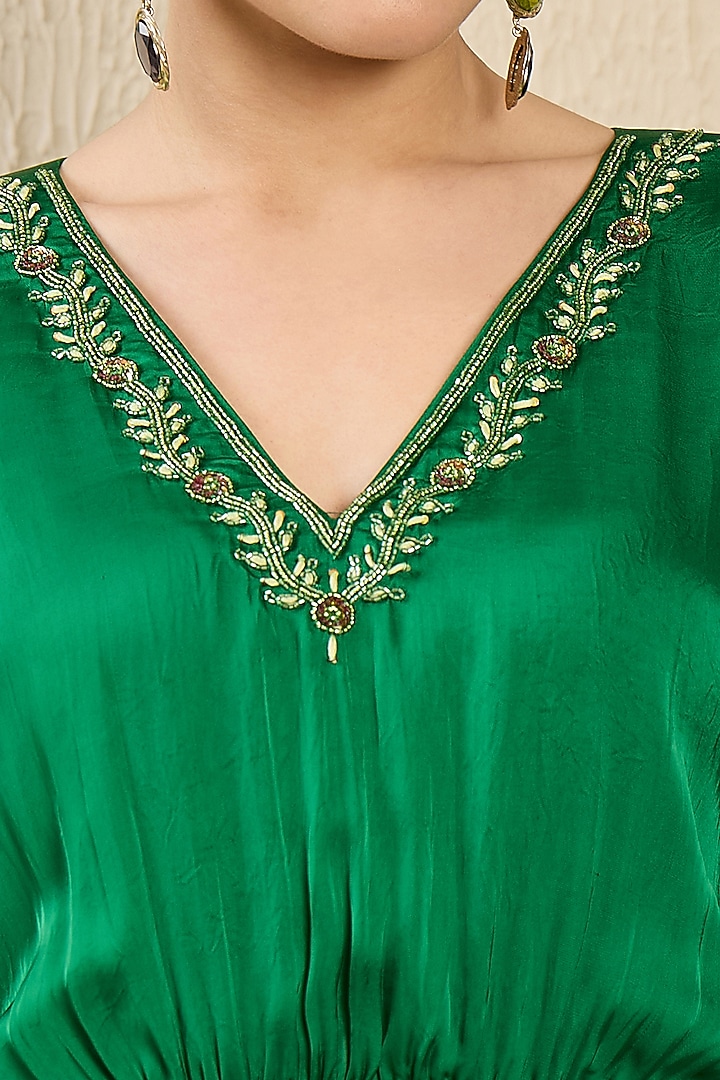 Emerald Green Viscose Satin Georgette Hand Embroidered Kaftan by First Resort by Ramola Bachchan at Pernia's Pop Up Shop