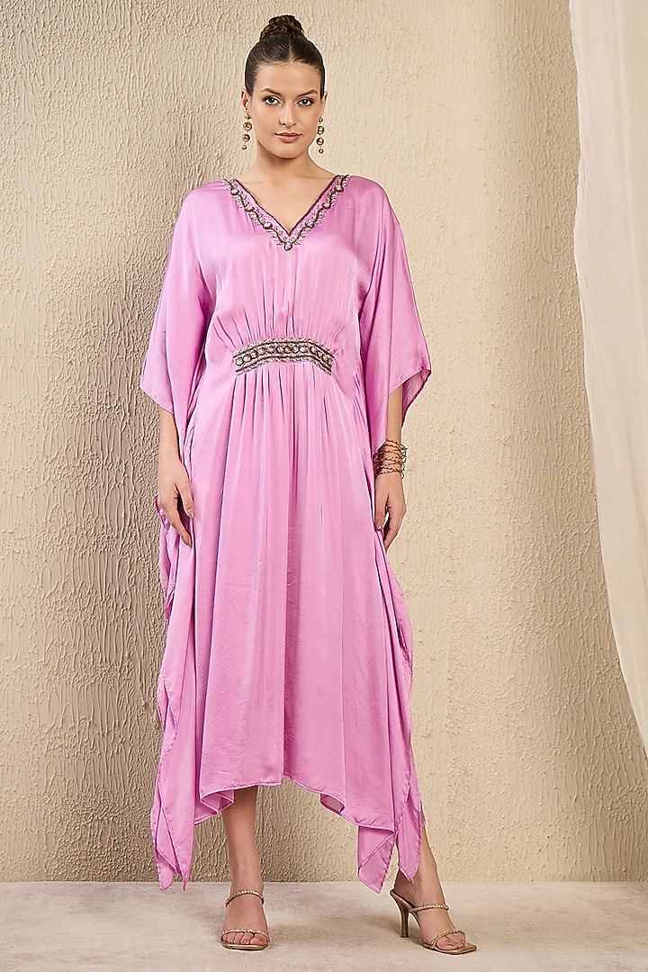 Purple Viscose Satin Georgette Hand Embroidered Kaftan by First Resort by Ramola Bachchan at Pernia's Pop Up Shop