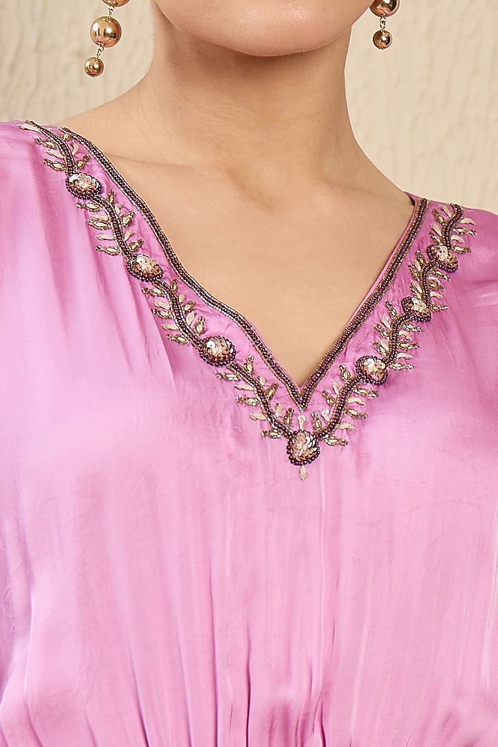Purple Viscose Satin Georgette Hand Embroidered Kaftan by First Resort by Ramola Bachchan at Pernia's Pop Up Shop