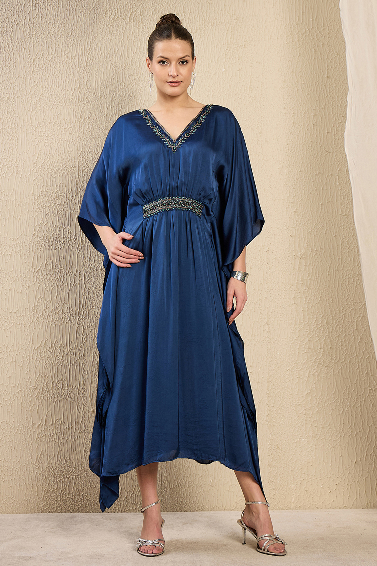 Cobalt Blue Viscose Satin Georgette Hand Embroidered Kaftan by First Resort by Ramola Bachchan at Pernia's Pop Up Shop