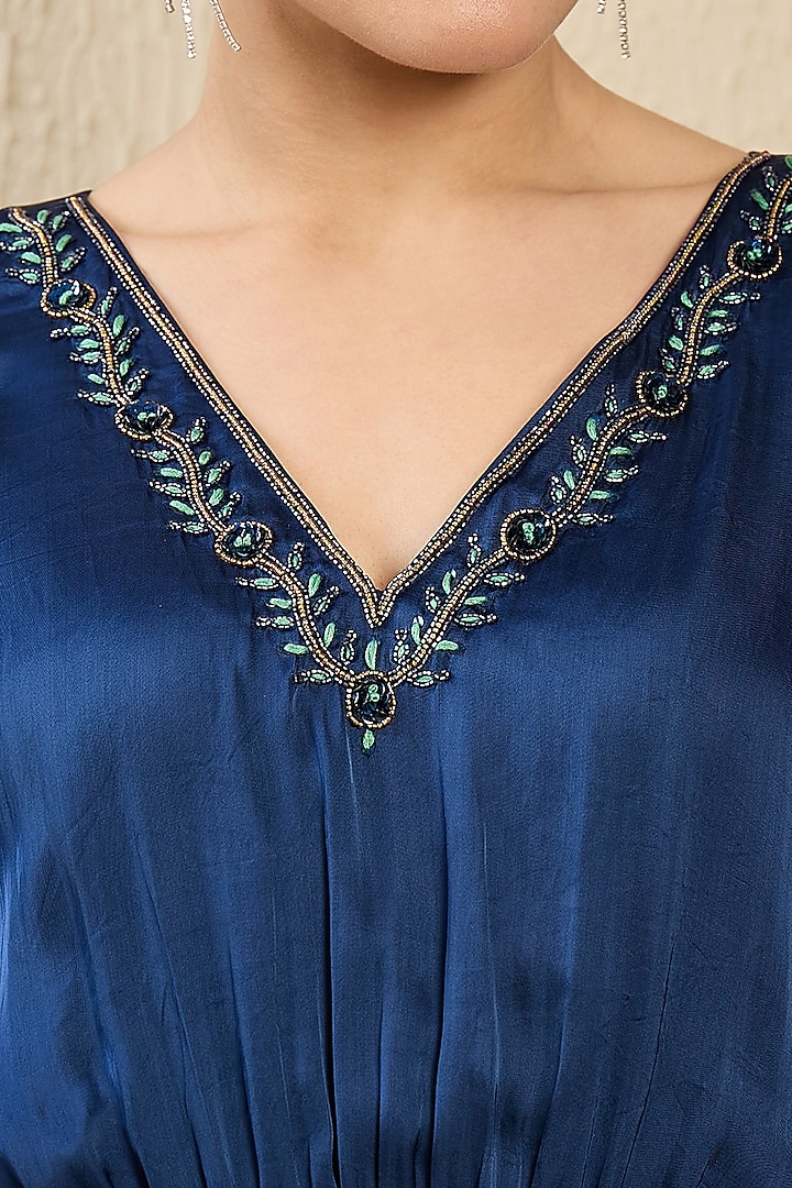 Cobalt Blue Viscose Satin Georgette Hand Embroidered Kaftan by First Resort by Ramola Bachchan at Pernia's Pop Up Shop