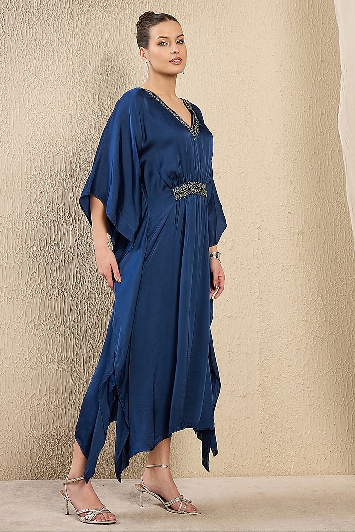 Cobalt Blue Viscose Satin Georgette Hand Embroidered Kaftan by First Resort by Ramola Bachchan at Pernia's Pop Up Shop