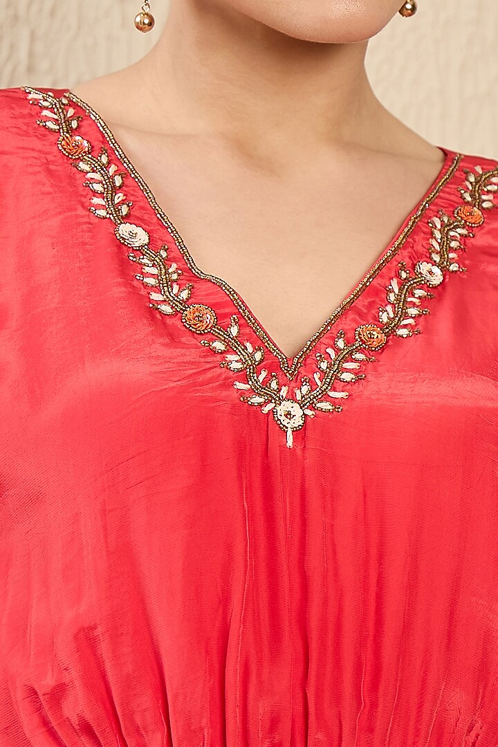 Red Viscose Satin Georgette Hand Embroidered Kaftan by First Resort by Ramola Bachchan at Pernia's Pop Up Shop