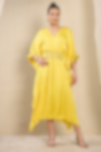 Yellow Viscose Satin Georgette Hand Embroidered Kaftan by First Resort by Ramola Bachchan at Pernia's Pop Up Shop