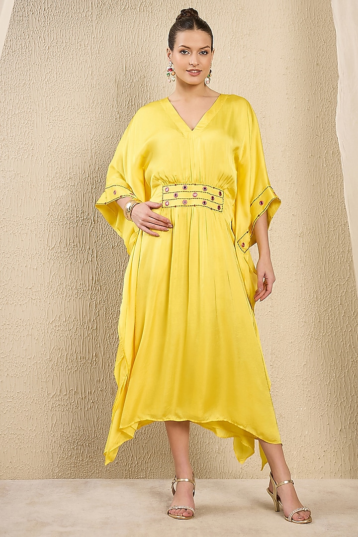 Yellow Viscose Satin Georgette Hand Embroidered Kaftan by First Resort by Ramola Bachchan at Pernia's Pop Up Shop