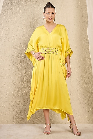 Yellow Viscose Satin Georgette Hand Embroidered Kaftan by First Resort by Ramola Bachchan