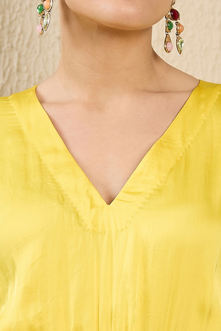 Yellow Viscose Satin Georgette Hand Embroidered Kaftan by First Resort by Ramola Bachchan at Pernia's Pop Up Shop