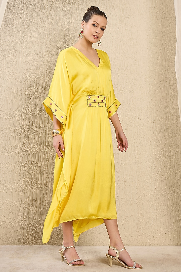 Yellow Viscose Satin Georgette Hand Embroidered Kaftan by First Resort by Ramola Bachchan at Pernia's Pop Up Shop