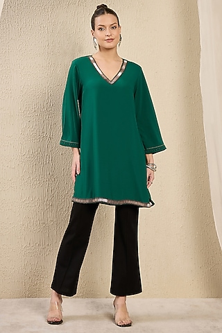 Emerald Green Polyester Crepe Cutdana Hand Embroidered Kaftan Top by First Resort by Ramola Bachchan