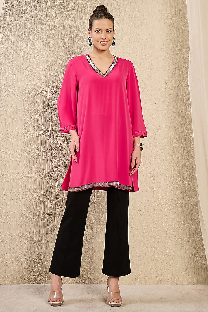 Blush Pink Polyester Crepe Cutdana Hand Embroidered Kaftan Top by First Resort by Ramola Bachchan at Pernia's Pop Up Shop