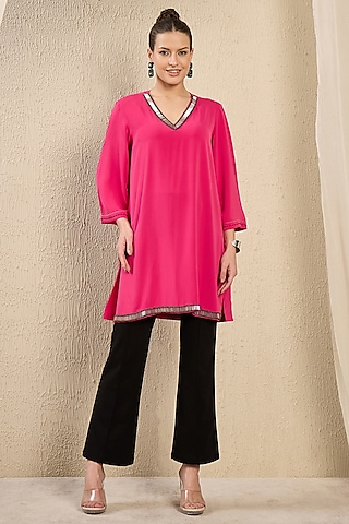 Blush Pink Polyester Crepe Cutdana Hand Embroidered Kaftan Top by First Resort by Ramola Bachchan
