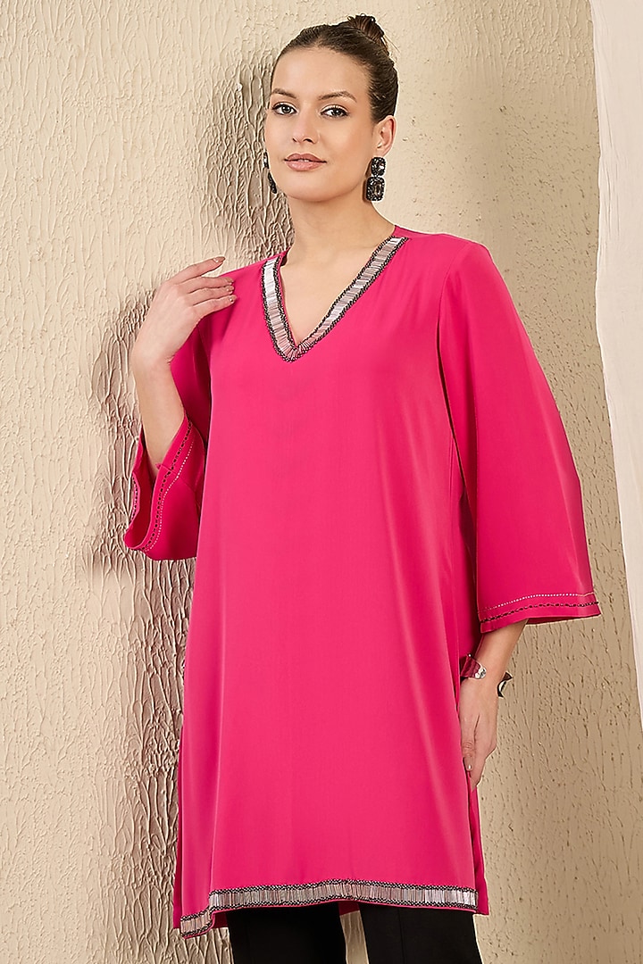 Blush Pink Polyester Crepe Cutdana Hand Embroidered Kaftan Top by First Resort by Ramola Bachchan at Pernia's Pop Up Shop