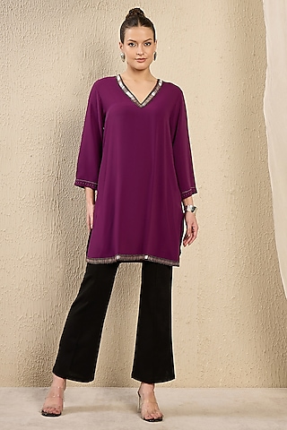 Purple Polyester Crepe Cutdana Hand Embroidered Kaftan Top by First Resort by Ramola Bachchan