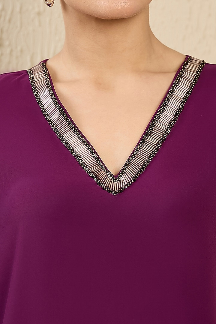 Purple Polyester Crepe Cutdana Hand Embroidered Kaftan Top by First Resort by Ramola Bachchan at Pernia's Pop Up Shop