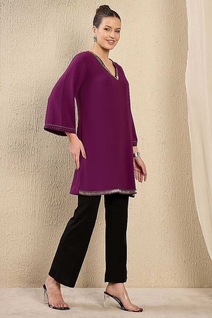 Purple Polyester Crepe Cutdana Hand Embroidered Kaftan Top by First Resort by Ramola Bachchan at Pernia's Pop Up Shop