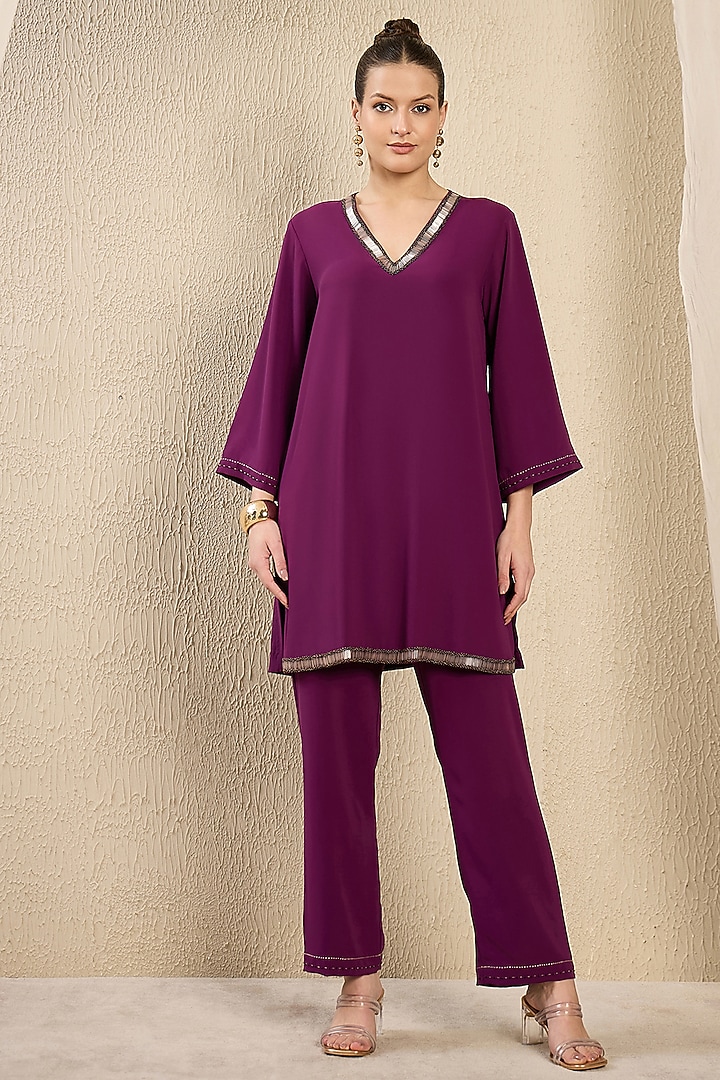 Purple Polyester Crepe Hand Embroidered Co-Ord Set by First Resort by Ramola Bachchan at Pernia's Pop Up Shop