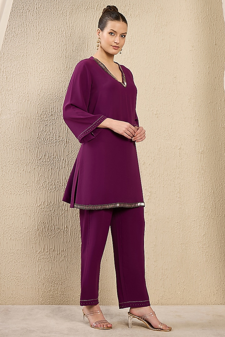 Purple Polyester Crepe Hand Embroidered Co-Ord Set by First Resort by Ramola Bachchan at Pernia's Pop Up Shop