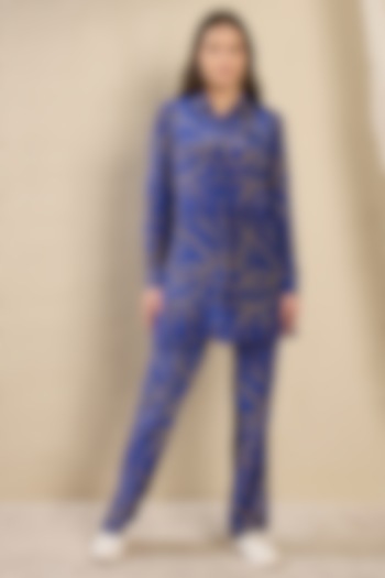 Cobalt Blue Viscose Crepe Printed Co-Ord Set by First Resort by Ramola Bachchan at Pernia's Pop Up Shop