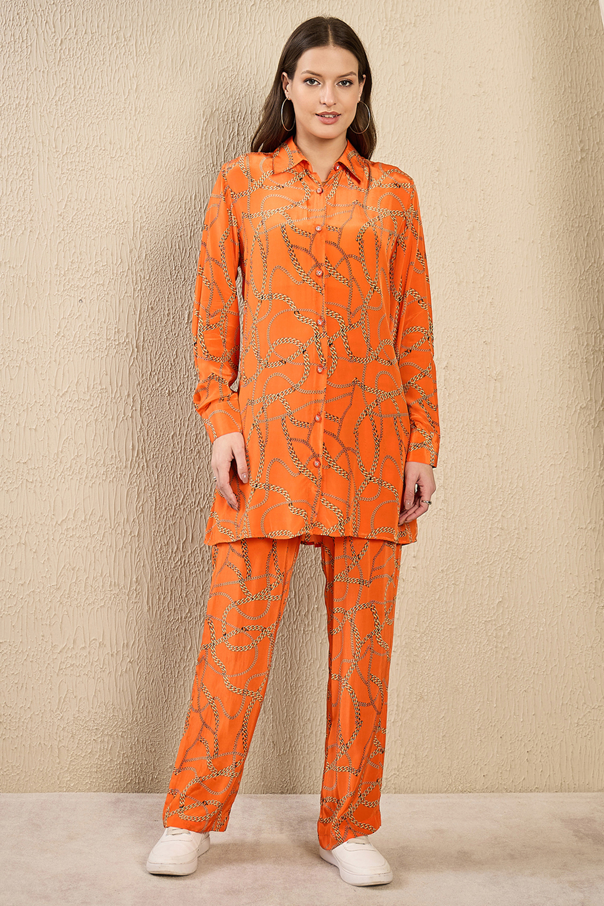 Orange Viscose Crepe Printed Co-Ord Set by First Resort by Ramola Bachchan at Pernia's Pop Up Shop