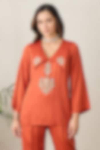 Orange Cotton Silk Embellished Top by First Resort by Ramola Bachchan at Pernia's Pop Up Shop