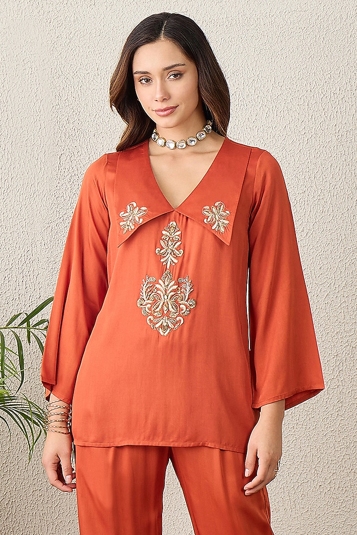 Orange Cotton Silk Embellished Top by First Resort by Ramola Bachchan at Pernia's Pop Up Shop