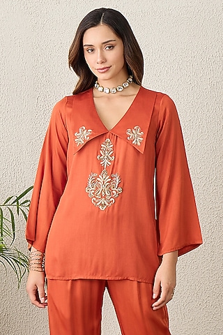Orange Cotton Silk Embellished Top by First Resort by Ramola Bachchan