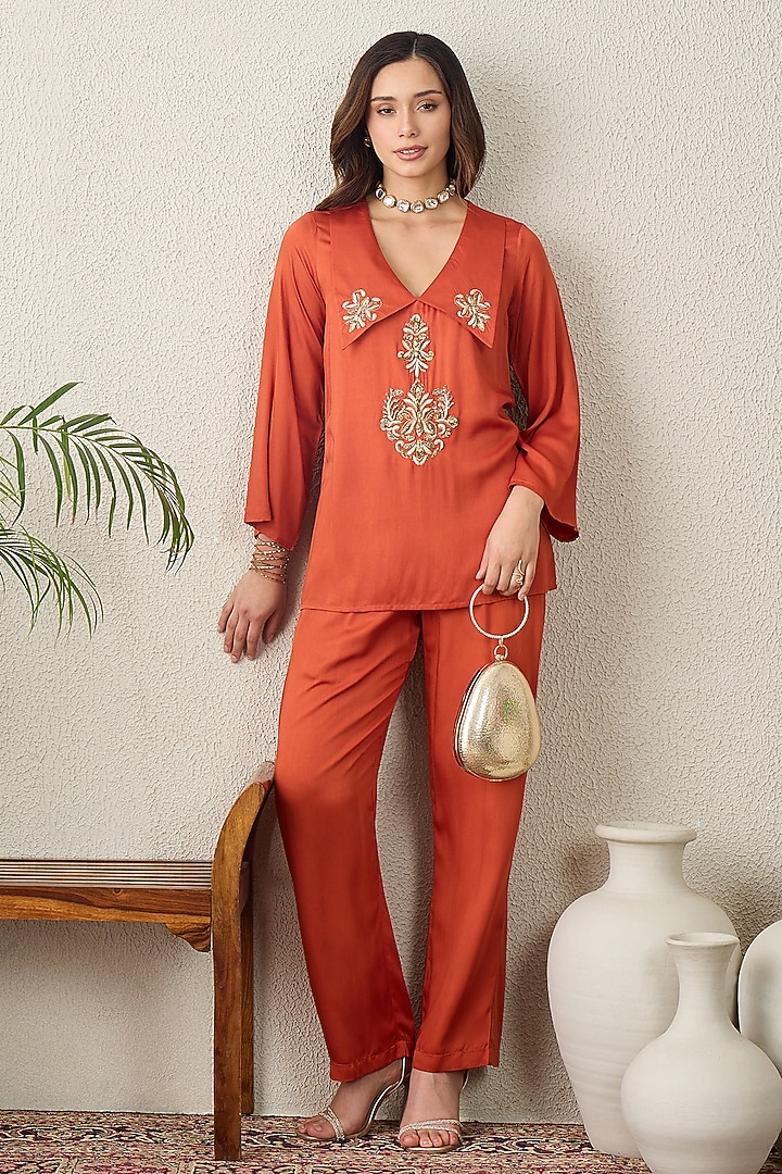Orange Cotton Silk Embellished Top by First Resort by Ramola Bachchan at Pernia's Pop Up Shop