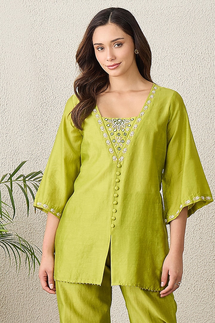 Lime Chanderi Mirror Embroidered Top by First Resort by Ramola Bachchan at Pernia's Pop Up Shop