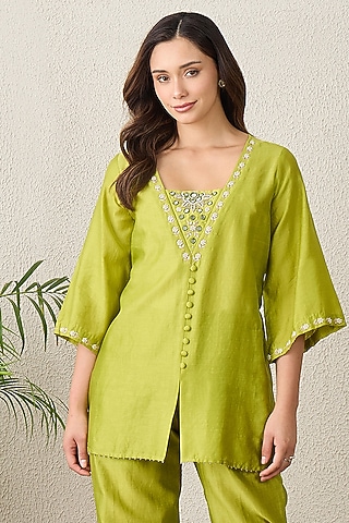 Lime Chanderi Mirror Embroidered Top by First Resort by Ramola Bachchan