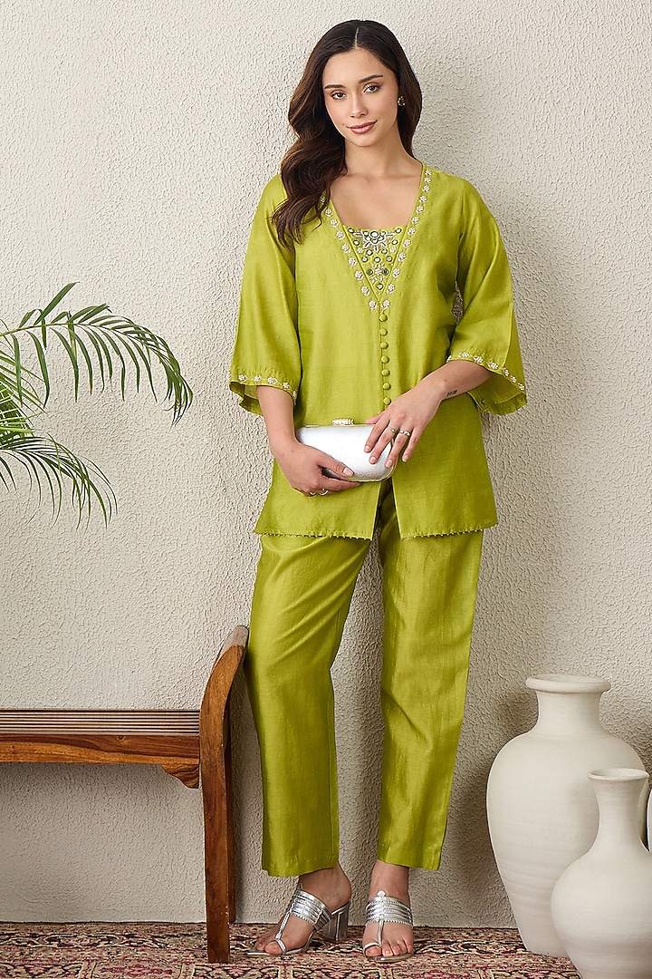 Lime Chanderi Mirror Embroidered Top by First Resort by Ramola Bachchan at Pernia's Pop Up Shop