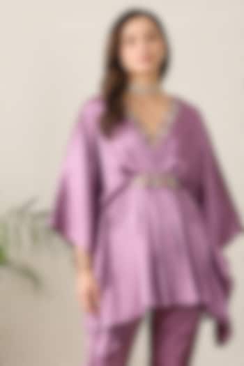 Purple Crinkled Satin Floral Embroidered Kaftan-Style Top by First Resort by Ramola Bachchan at Pernia's Pop Up Shop