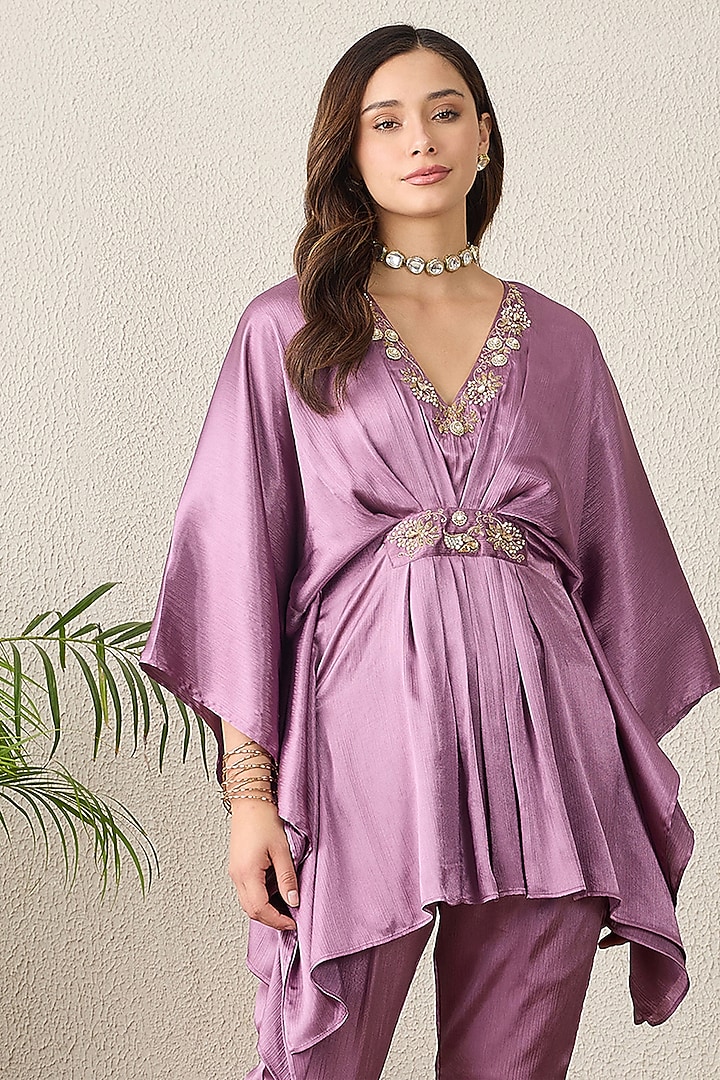 Purple Crinkled Satin Floral Embroidered Kaftan-Style Top by First Resort by Ramola Bachchan at Pernia's Pop Up Shop