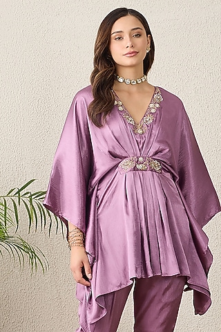 Purple Crinkled Satin Floral Embroidered Kaftan-Style Top by First Resort by Ramola Bachchan