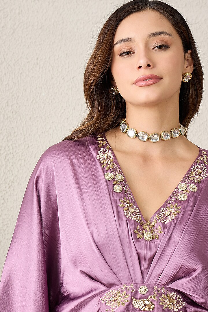 Purple Crinkled Satin Floral Embroidered Kaftan-Style Top by First Resort by Ramola Bachchan at Pernia's Pop Up Shop