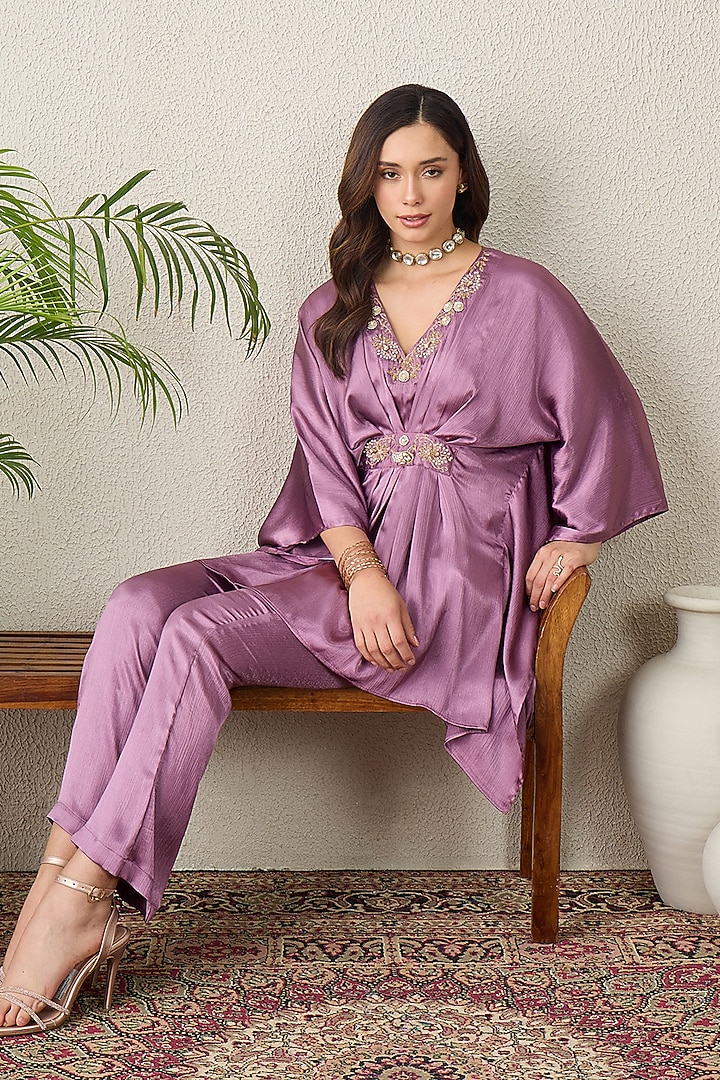 Purple Crinkled Satin Floral Embroidered Kaftan-Style Top by First Resort by Ramola Bachchan at Pernia's Pop Up Shop