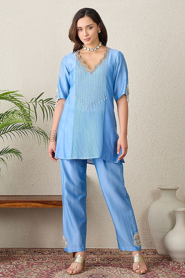 Sky Blue Chanderi Bead Embroidered Kurta Set by First Resort by Ramola Bachchan at Pernia's Pop Up Shop