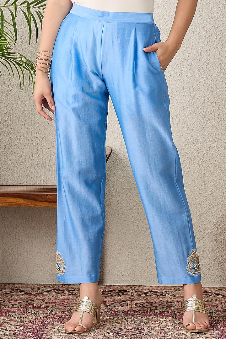 Sky Blue Chanderi Bead Embroidered Kurta Set by First Resort by Ramola Bachchan at Pernia's Pop Up Shop